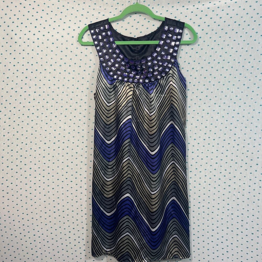 Lambina Purple, Black & Gray Striped & Bejeweled Sleeveless Shift Dress